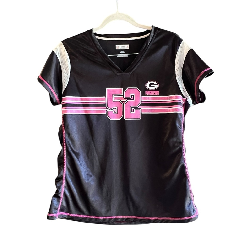 Women’s Black and Pink Green Bay Packets Jersey, size L. Number 52